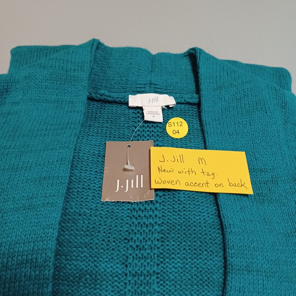 J. Jill Cardigan Womens M Oceanside Teal Open Front Woven Accent Back Sweater - Picture 15 of 15